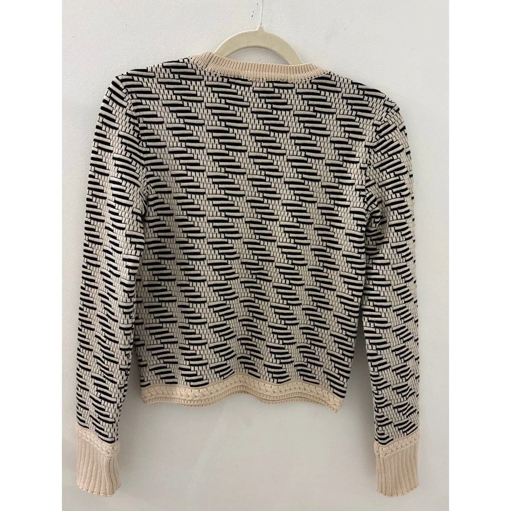 Tory Burch Wool Blend Jacquard Navy Cream Braided Trim Sweater SZ XS Preppy